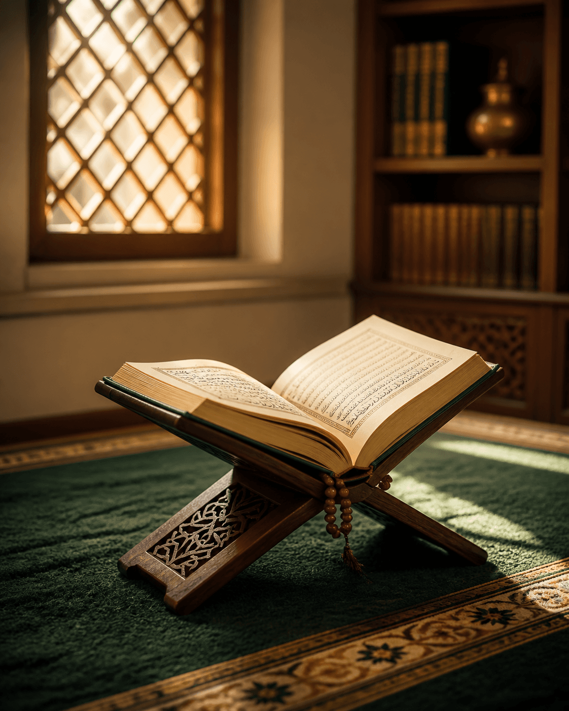 An open Qur'an resting on a carved wooden rehal in a warm study interior